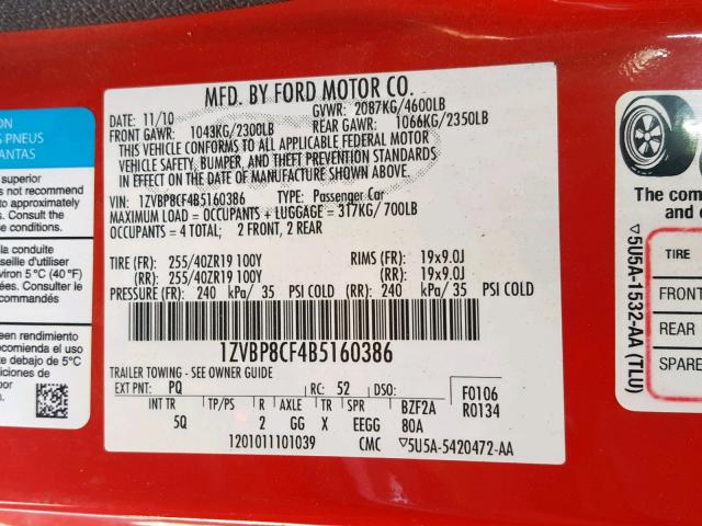 1ZVBP8CF4B5160386 - 2011 FORD MUSTANG GT RED photo 10