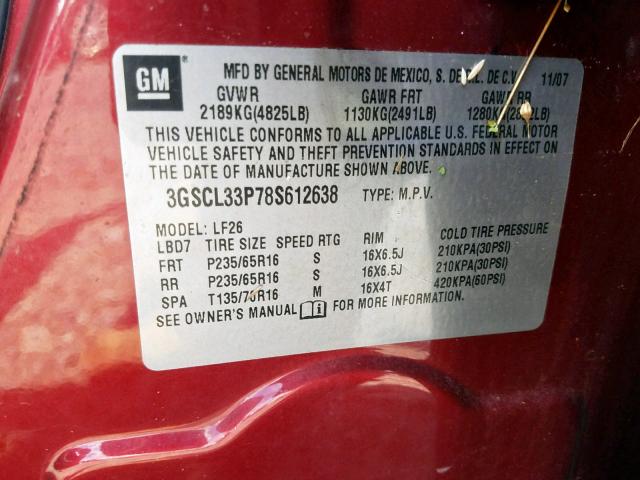 3GSCL33P78S612638 - 2008 SATURN VUE XE MAROON photo 10