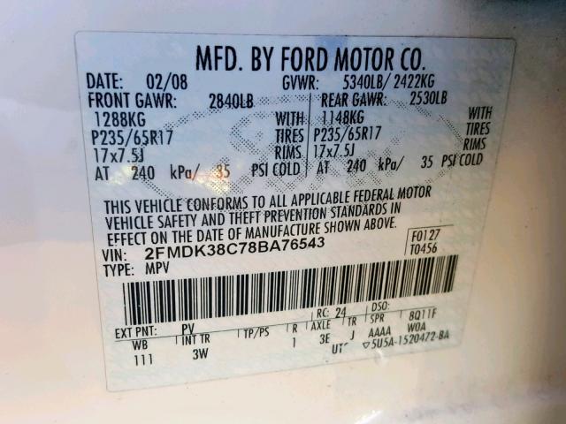 2FMDK38C78BA76543 - 2008 FORD EDGE SEL WHITE photo 10