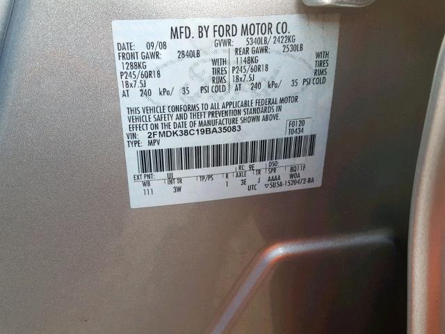 2FMDK38C19BA35083 - 2009 FORD EDGE SEL SILVER photo 10