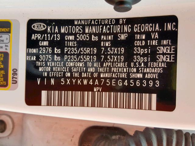 5XYKW4A75EG456393 - 2014 KIA SORENTO SX WHITE photo 10