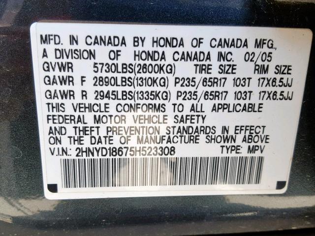 2HNYD18675H523308 - 2005 ACURA MDX TOURIN GREEN photo 10