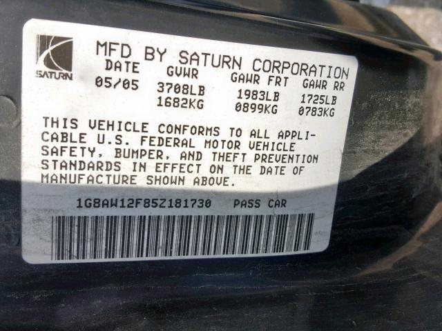 1G8AW12F85Z181730 - 2005 SATURN ION LEVEL GRAY photo 10
