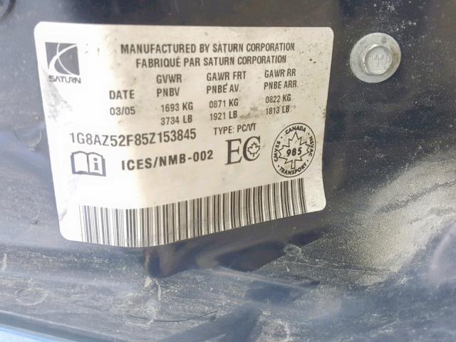 1G8AZ52F85Z153845 - 2005 SATURN ION LEVEL BLUE photo 10