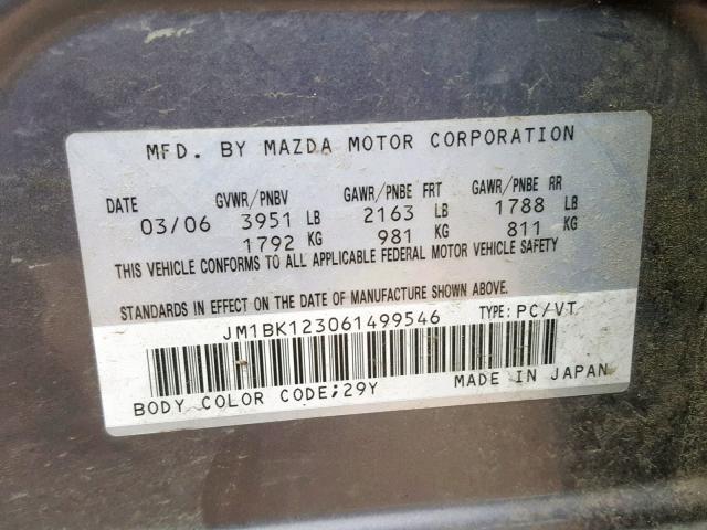 JM1BK123061499546 - 2006 MAZDA 3 S GRAY photo 10