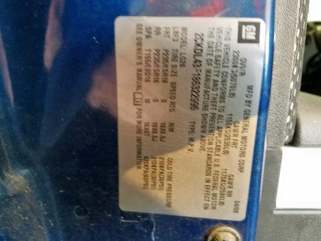 2CKDL43F186322996 - 2008 PONTIAC TORRENT BLUE photo 10