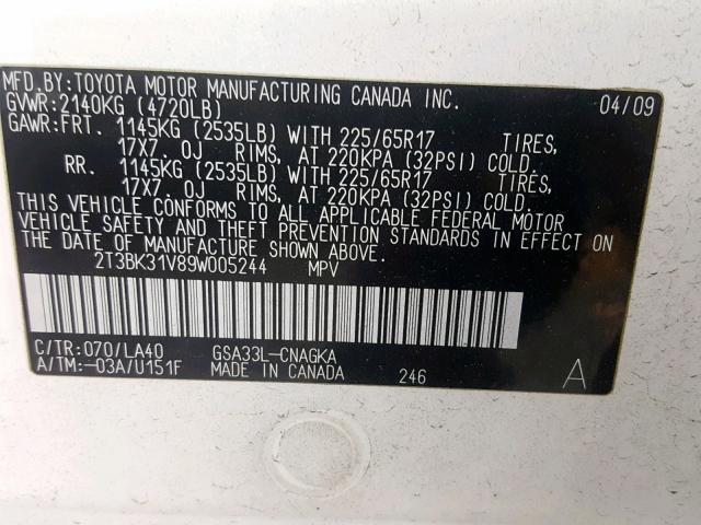 2T3BK31V89W005244 - 2009 TOYOTA RAV4 LIMIT WHITE photo 10