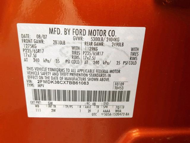 2FMDK38CX7BB61083 - 2007 FORD EDGE SEL ORANGE photo 10