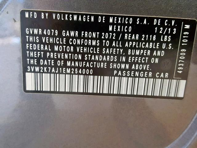 3VW2K7AJ1EM254000 - 2014 VOLKSWAGEN JETTA BASE GRAY photo 10