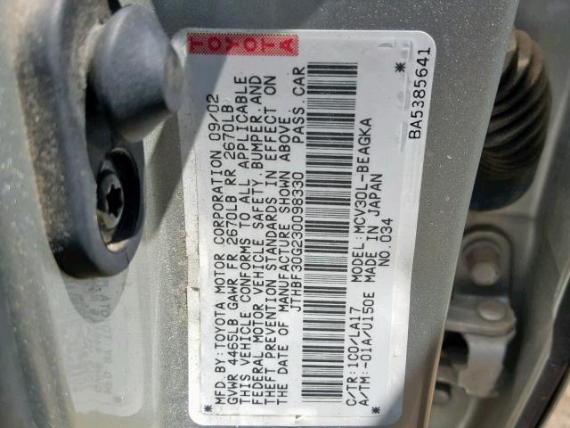 JTHBF30G230098330 - 2003 LEXUS ES 300 SILVER photo 10