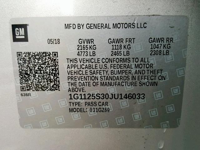 1G1125S30JU146033 - 2018 CHEVROLET IMPALA PRE ვერცხლისფერი ფოტო 10