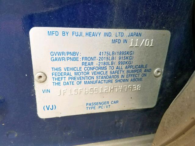 JF1SF65512H747938 - 2002 SUBARU FORESTER S BLUE photo 10