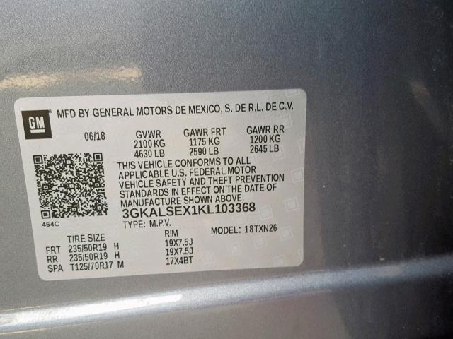 3GKALSEX1KL103368 - 2019 GMC TERRAIN DE GRAY photo 10