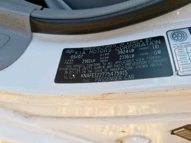 KNAFE122775475915 - 2007 KIA SPECTRA EX WHITE photo 10