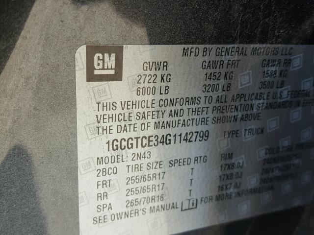 1GCGTCE34G1142799 - 2016 CHEVROLET COLORADO L GRAY photo 10