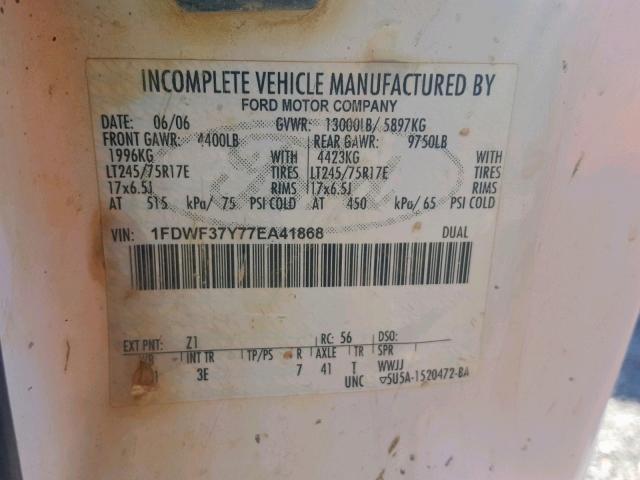 1FDWF37Y77EA41868 - 2007 FORD F350 4X4 WHITE photo 10