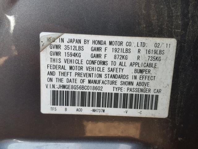 JHMGE8G56BC018602 - 2011 HONDA FIT SPORT GRAY photo 10