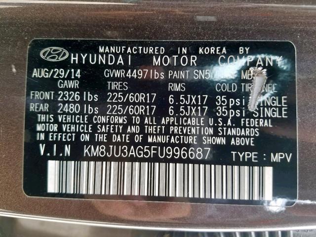 KM8JU3AG5FU996687 - 2015 HYUNDAI TUCSON LIM BROWN photo 10