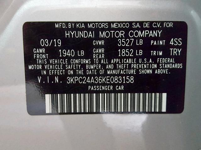 3KPC24A36KE083158 - 2019 HYUNDAI ACCENT SE SILVER photo 10