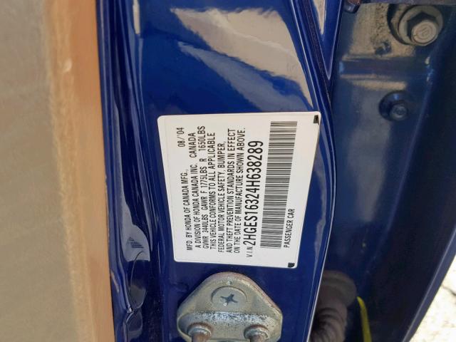 2HGES16324H638289 - 2004 HONDA CIVIC DX V BLUE photo 10