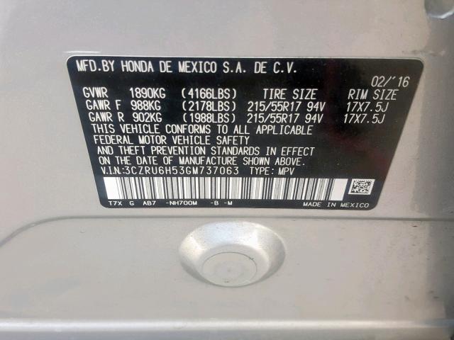 3CZRU6H53GM737063 - 2016 HONDA HR-V EX SILVER photo 10