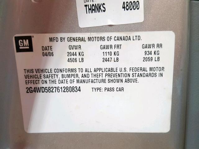 2G4WD582761280834 - 2006 BUICK LACROSSE C SILVER photo 10