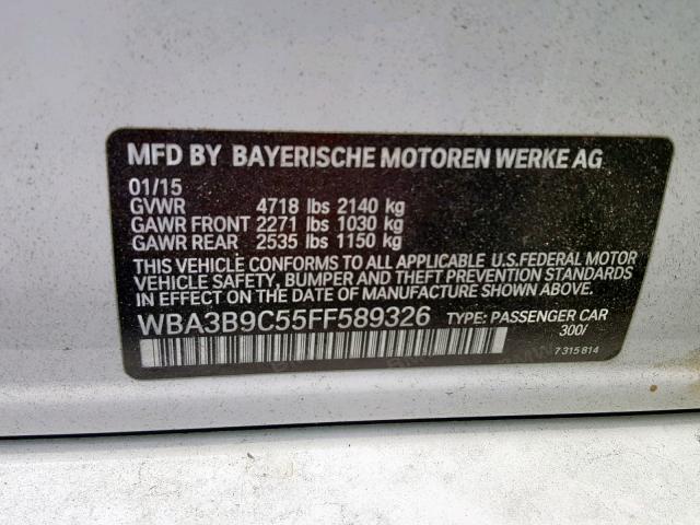 WBA3B9C55FF589326 - 2015 BMW 335 XI WHITE photo 10