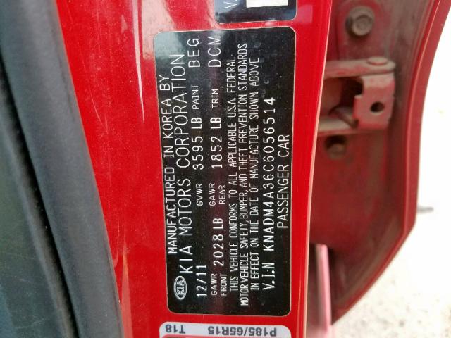 KNADM4A36C6056514 - 2012 KIA RIO LX RED photo 10