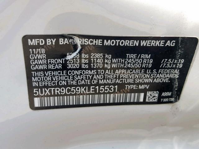 5UXTR9C59KLE15531 - 2019 BMW X3 XDRIVE3 WHITE photo 10