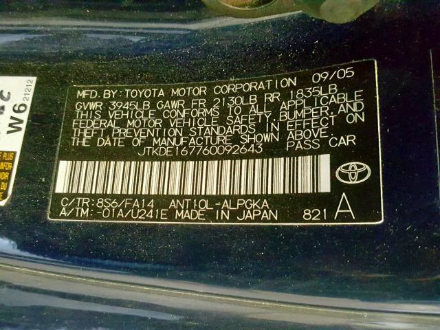 JTKDE167760092643 - 2006 TOYOTA SCION TC ლურჯი ფოტო 10