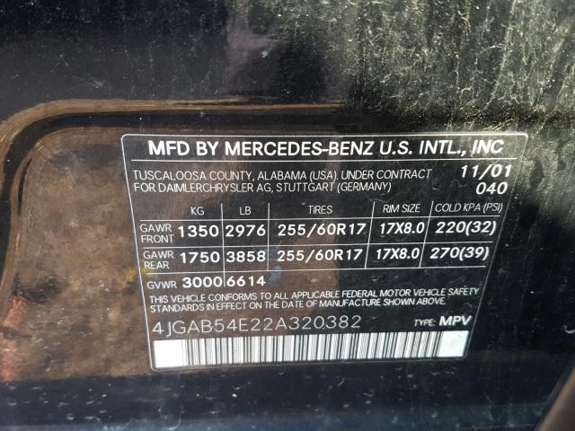 4JGAB54E22A320382 - 2002 MERCEDES-BENZ ML 320 BLACK photo 10