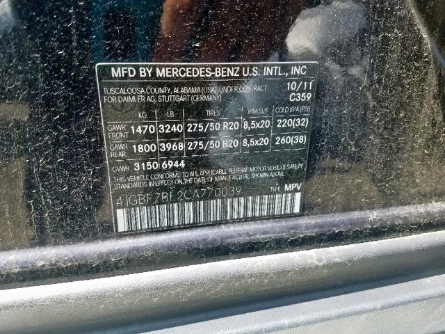 4JGBF7BE2CA770039 - 2012 MERCEDES-BENZ GL 450 4MA BLUE photo 10