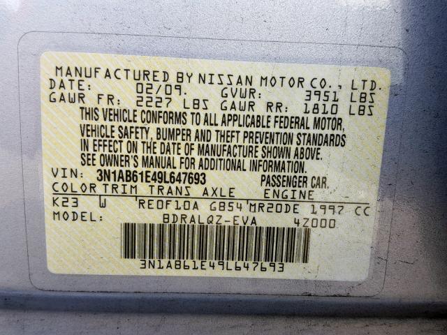 3N1AB61E49L647693 - 2009 NISSAN SENTRA 2.0 SILVER photo 10