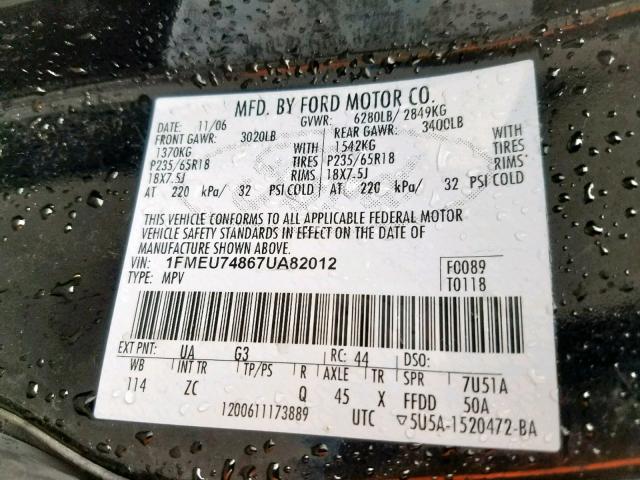 1FMEU74867UA82012 - 2007 FORD EXPLORER E BLACK photo 10