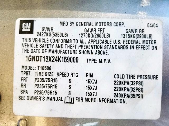 1GNDT13X24K159000 - 2004 CHEVROLET BLAZER SILVER photo 10