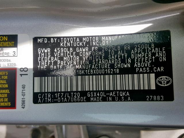 4T1BK1EBXDU016218 - 2013 TOYOTA AVALON BAS SILVER photo 10