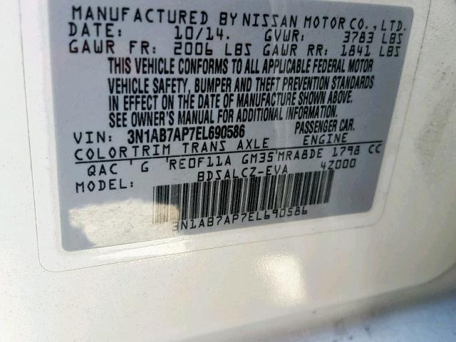 3N1AB7AP7EL690586 - 2014 NISSAN SENTRA S WHITE photo 10