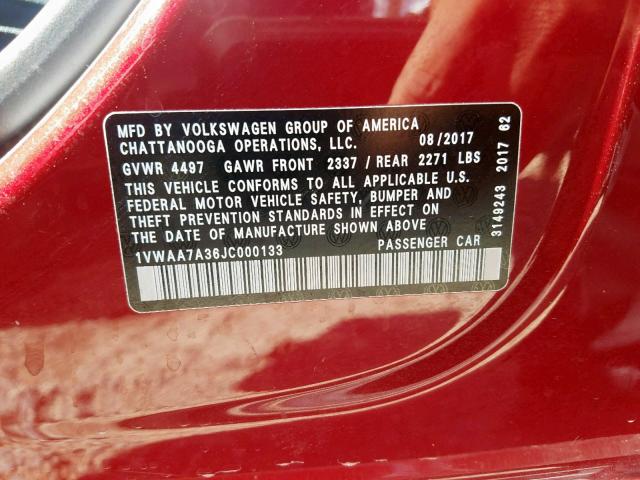 1VWAA7A36JC000133 - 2018 VOLKSWAGEN PASSAT S RED photo 10