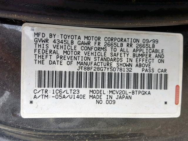 JT8BF28G7Y5078132 - 2000 LEXUS ES 300 GRAY photo 10