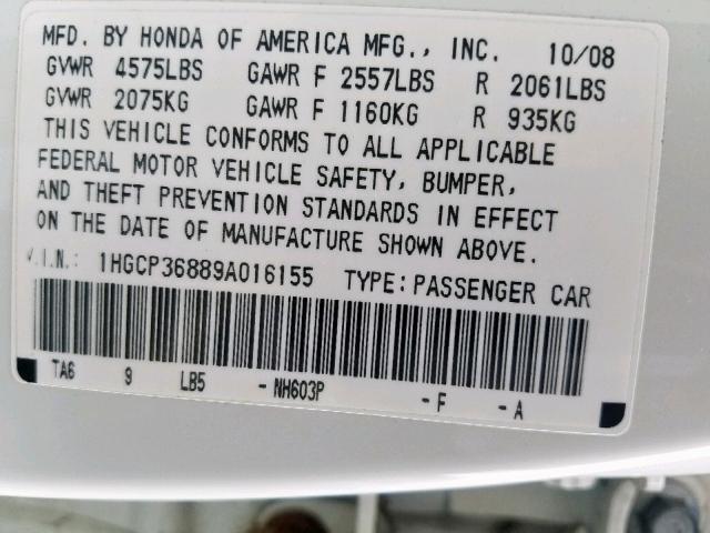 1HGCP36889A016155 - 2009 HONDA ACCORD EXL WHITE photo 10