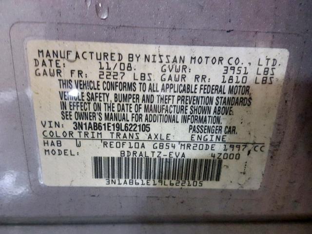 3N1AB61E19L622105 - 2009 NISSAN SENTRA 2.0 BEIGE photo 10