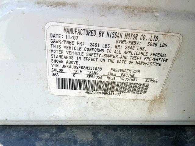 JNKAJ09F08M351938 - 2008 INFINITI EX35 BASE WHITE photo 10