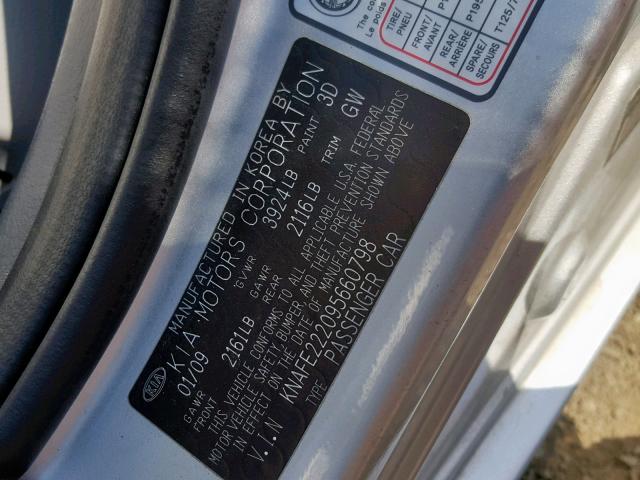 KNAFE222095660798 - 2009 KIA SPECTRA EX SILVER photo 10