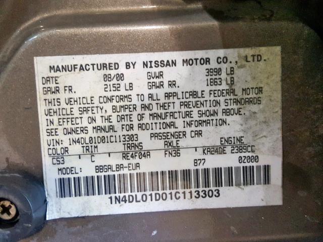 1N4DL01D01C113303 - 2001 NISSAN ALTIMA XE BROWN photo 10