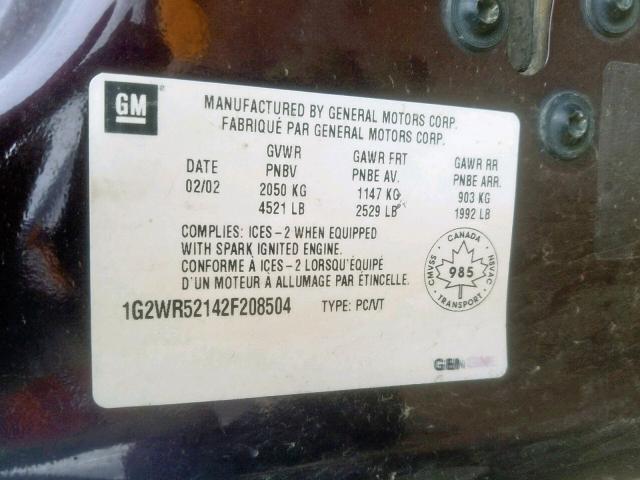 1G2WR52142F208504 - 2002 PONTIAC GRAND PRIX BURGUNDY photo 10