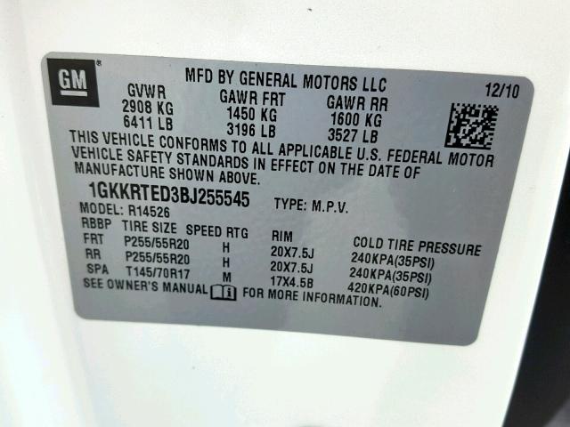 1GKKRTED3BJ255545 - 2011 GMC ACADIA DEN WHITE photo 10