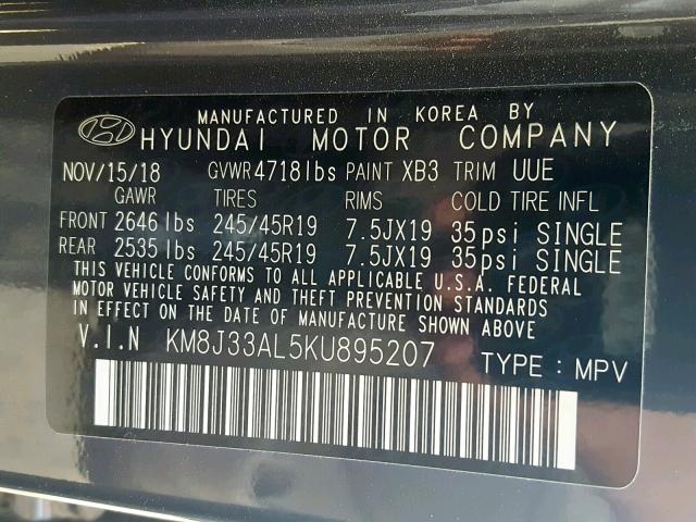 KM8J33AL5KU895207 - 2019 HYUNDAI TUCSON LIM BLUE photo 10