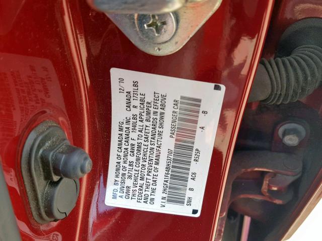 2HGFA1F64BH537107 - 2011 HONDA CIVIC LX-S Kırmızı fotoğraf 10