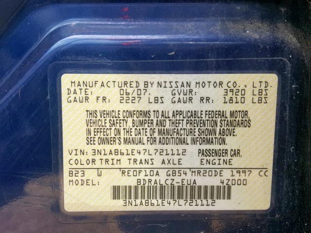 3N1AB61E47L721112 - 2007 NISSAN SENTRA 2.0 BLUE photo 10