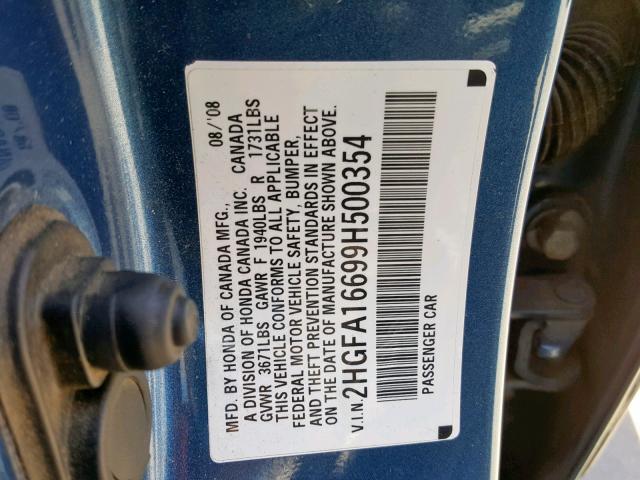 2HGFA16699H500354 - 2009 HONDA CIVIC LX-S Mavi foto 10